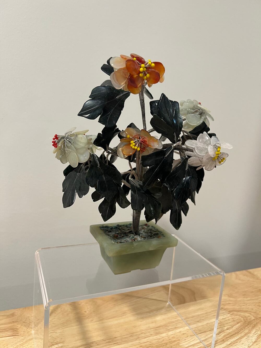 Chinese Hardstone Jade Tree Vintage Stone & Glass Flower Wired JL